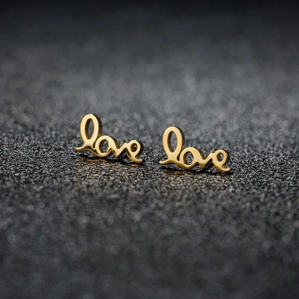 Love Script Stud Earrings 304 Stainless Steel 18K Gold Plated‎ Valentine's Day